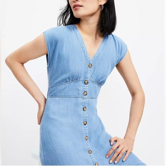 Loft Blue Denim, V Neck, Button Down, A-Line Dress, Size 14 - Picture 2 of 16